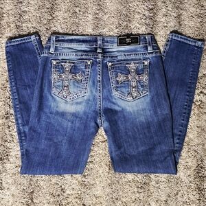 30x30 Miss Me Mid-Rise Skinny Jeans with Cross Pockets & Embellishments